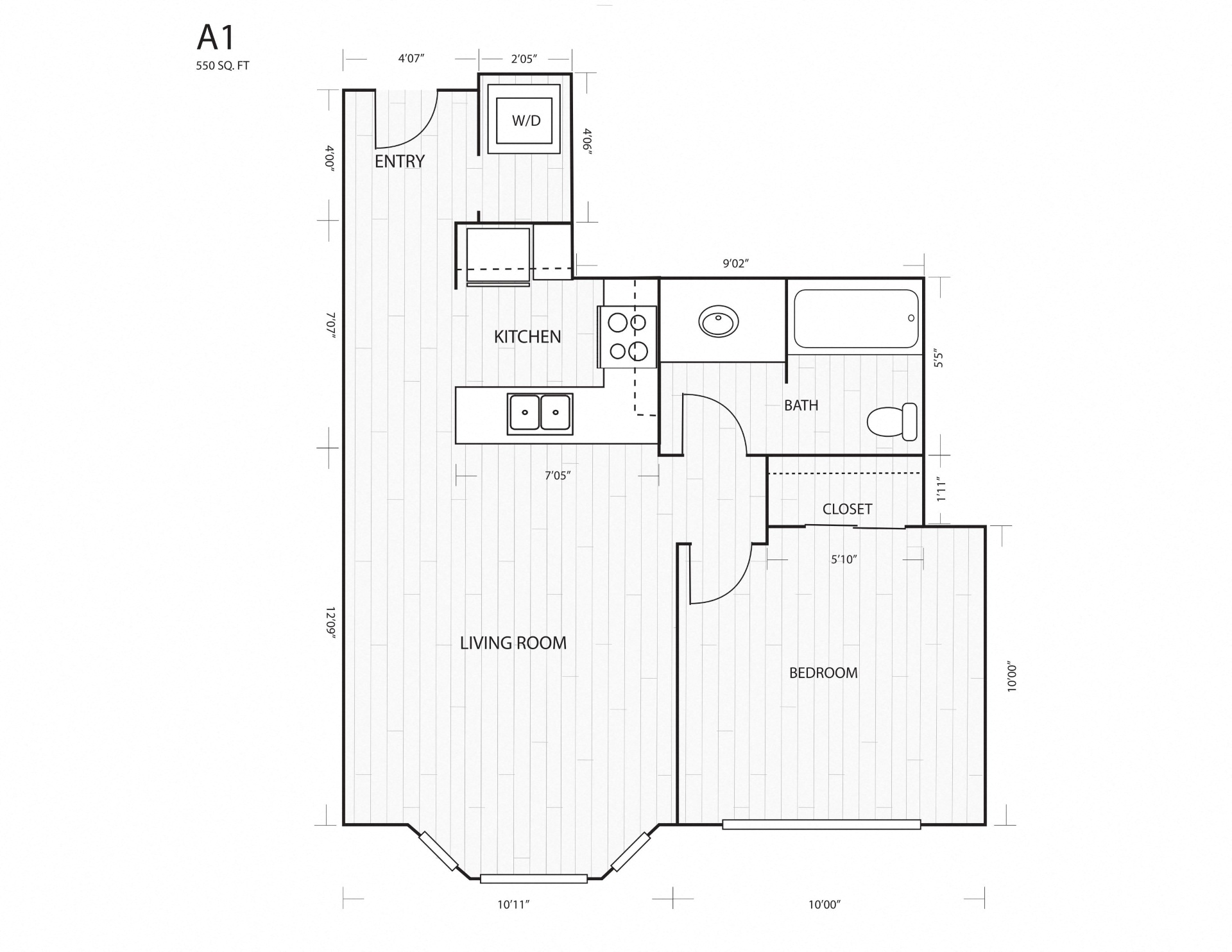 Floor plan for 1 bed, 1 bath, 550 sqft